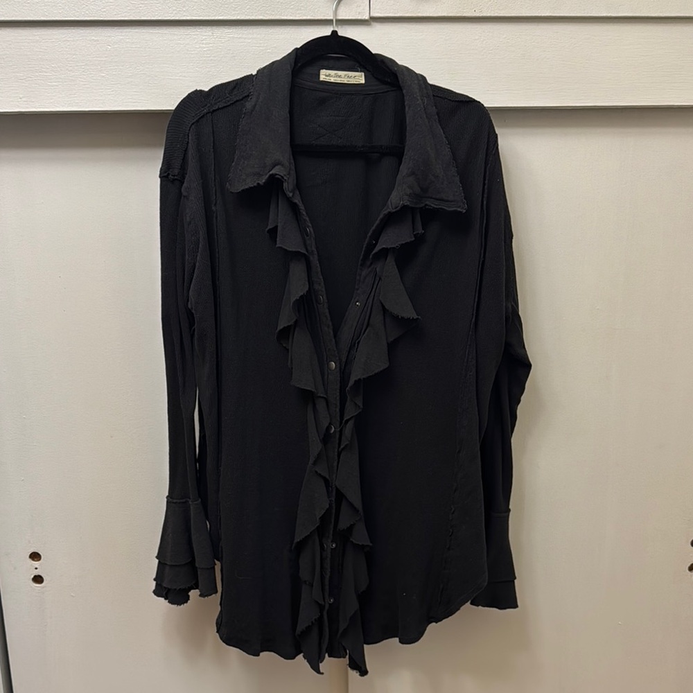 Free People Black Ruffled Long Sleeve Blouse